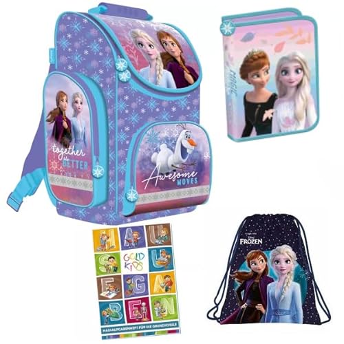 Schulranzen 4-teilig 1. klasse Set Mädchen Hausaufgabenheft Frozen Eiskönigin Ranzen Federmappe Mäppchen Turnbeutel Aufgabenheft für die Grundschule Geeignet ab der ersten Klasse schülerplaner von Goldkids