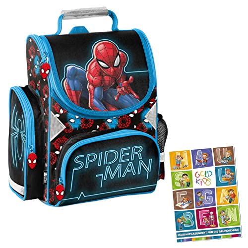 Schulranzen Ranzen Marvel Spiderman Comics schwarz Tornister Jungen Mädchen ab der 1. Klasse der Grundschule ink. Aufgabenheft von Goldkids