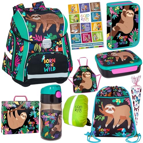 Schulranzen Schulranzen-Set Wildkid Faultier Ranzen Federmappe Schuhbeutel Trinkflasche Brotdose Regenschutz Zuckertüte Schürze Aktentasche Aufgabenheft 10-teilig von Goldkids