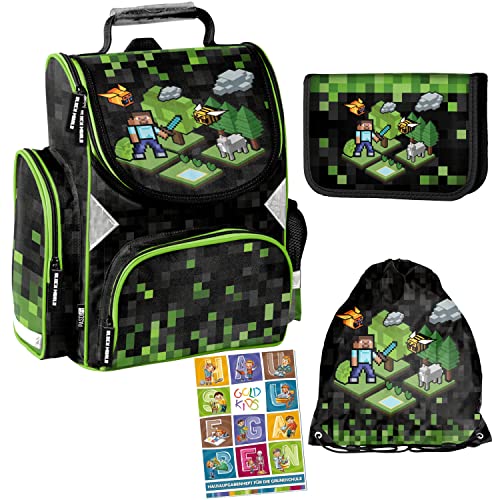 Schulranzen Set Game Pixel ergonomischer Ranzen Federmappe Turnbeutel Aufgabenheft für die Grundschule 4er Set. Geeignet ab der ersten Klasse der Grundschule. von Goldkids