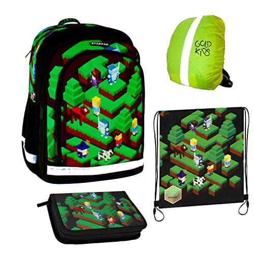 Schulranzen Set Game Pixel ergonomischer Ranzen Federmappe Turnbeutel Regenschutz 4er Set für die Grundschule. Geeignet ab der ersten Klasse der Grundschule. von Goldkids