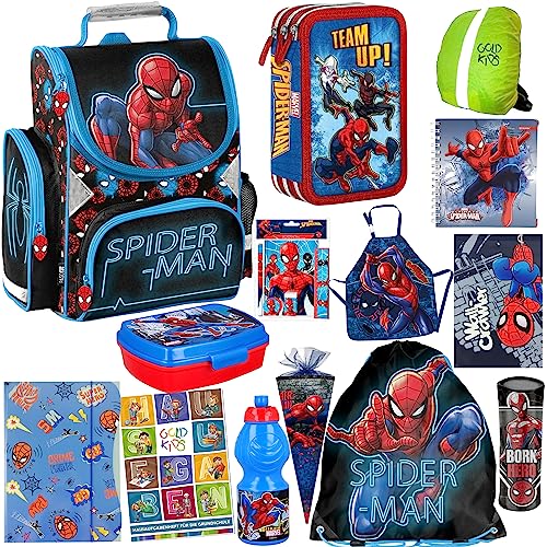 Schulranzen Set XXL 14 Teile Spiderman Ranzen Federmappe Turnbeutel Zeichenheft Notizbuch Mappe Zuckertüte Regenschutz Aufgabenheft für die Grundschule. Geeignet ab der ersten Klasse der Grundschule. von Goldkids