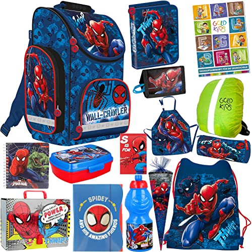 Schulranzen Set XXL 15er Ranzen Tornister Zuckertüte Geldbeutel Federmappe Turnbeutel Brotdose Trinkflasche Aufgabenheft für die Grundschule Spiderman Motiv von Goldkids