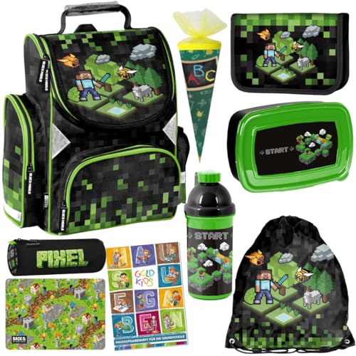 Schulranzen Set ergonomischer Ranzen Federmappe Zuckertüte Turnbeutel Malunterlage Brotdose Trinkflasche Aufgabenheft für die Grundschule 9er Set Game Pixel Motiv von Goldkids