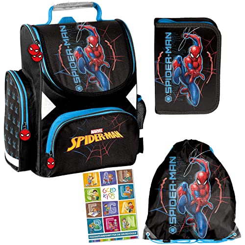 Schulranzen Set ergonomischer Ranzen Spiderman Marvel Federmappe Turnbeutel Aufgabenheft für die Grundschule 4er Set. Geeignet ab der ersten Klasse der Grundschule. von Goldkids