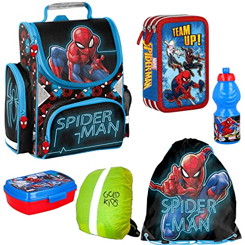 Schulranzen Spiderman ergonomischer Ranzen Federmappe Turnbeutel Trinkflasche Brotdose Regenschutz Grundschule 6er Set Lizenzartikel Marvel Spiderman Spider-man Comics Mehrfarbig von Goldkids