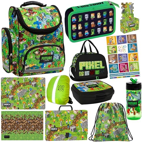 Schulranzen XXL Set 12 Teile ergonomischer Ranzen Federmappe Turnbeutel Malunterlage Aktentasche Brotdose Trinkflasche Aufgabenheft für die Grundschule Game Pixel Motiv von Goldkids
