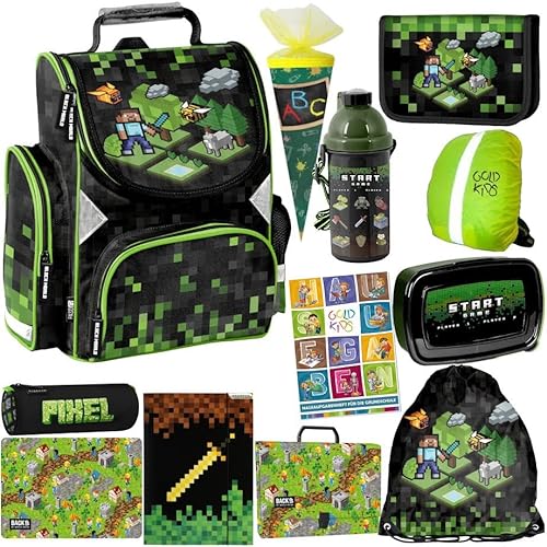 Schulranzen XXL Set 12 Teile ergonomischer Ranzen Federmappe Zuckertüte Turnbeutel Malunterlage Mappe Aktentasche Brotdose Trinkflasche Aufgabenheft für die Grundschule Game Pixel Motiv von Goldkids