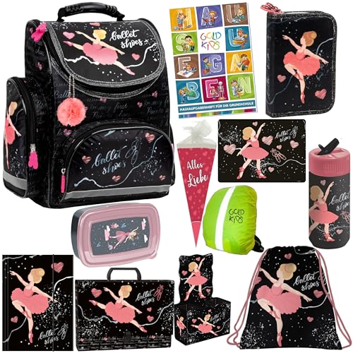 Schulranzen XXL Set 12er Ballerina Tänzerin Schulranzen ergonomischer Ranzen Zuckertüte Malunterlage Federmappe Turnbeutel Brotdose Trinkflasche Gummizugmappe Aufgabenheft für die Grundschule von Goldkids