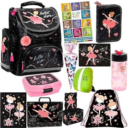 Schulranzen XXL Set 12er Ballerina Tänzerin Schulranzen ergonomischer Ranzen Zuckertüte Malunterlage Federmappe Turnbeutel Brotdose Trinkflasche Gummizugmappe Aufgabenheft für die Grundschule von Goldkids