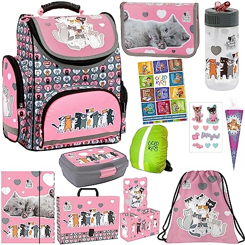 Schulranzen XXL Set 12er Cleo & Frank 39 Katze Cat Schulranzen ergonomischer Ranzen Zuckertüte Notizbuch Federmappe Turnbeutel Brotdose Trinkflasche Gummizugmappe Aufgabenheft für die Grundschule von Goldkids