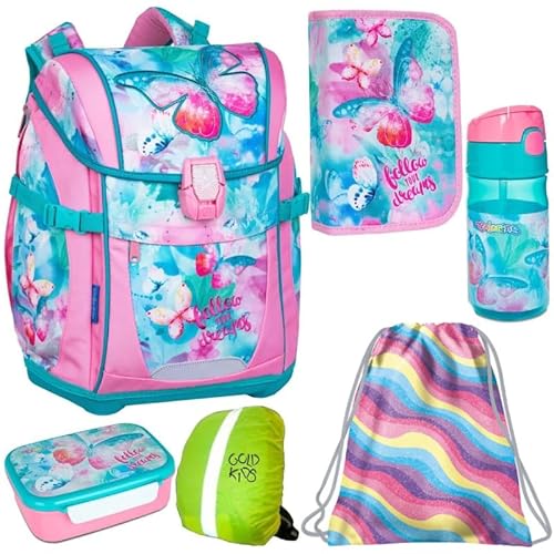 Schulranzen set Mädchen Set 6 Teilig ab 1. Klasse Schmetterling Ranzen Kinderrucksack Federmappe Turnbeutel Trinkflasche Brotdose Regenschutz Grundschule Ergonomischer Schulrucksack Reflektierend von Goldkids