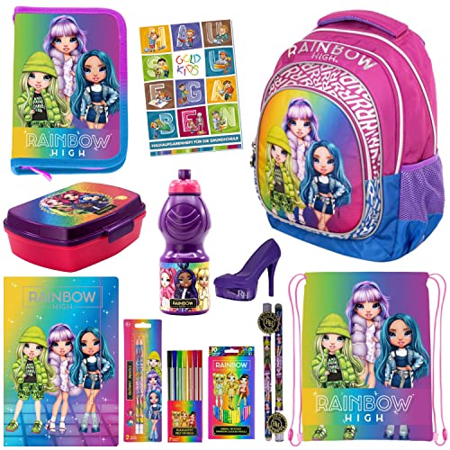 Set Rainbow High Motiv 12er Schulrucksack Rucksack Federmappe Turnbeutel Aktenmappe Brotdose Bleistifte Buntstifte Anspitzer Trinkflasche Aufgabenheft geeignet ab der ersten Klasse der Grundschule von Goldkids