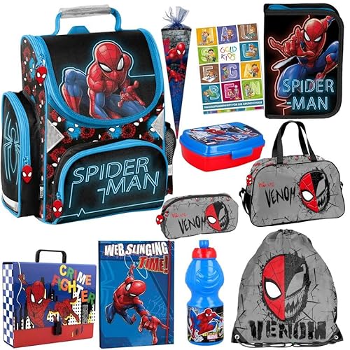 Spiderman 1.Klasse Schulranzen Set XXL 11-teilig Teile ergonomischer Ranzen Federmappe Turnbeutel Aktentasche Mappe Zuckertüte Aufgabenheft für die Grundschule. Geeignet ab der ersten Klasse Junge von Goldkids