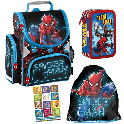 Spiderman Marvel Schulranzen ergonomischer Ranzen Federmappe Turnbeutel Aufgabenheft für die Grundschule 4er Set Lizenzartikel Spiderman Spider-man Comics von Goldkids