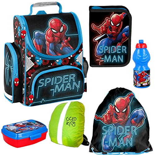 Spiderman Schulranzen ergonomischer Ranzen Federmappe Trinkflasche Brotdose Turnbeutel Regenschutz Grundschule 6er Set Lizenzartikel Marvel Spiderman Spider-man Comics Mehrfarbig von Goldkids