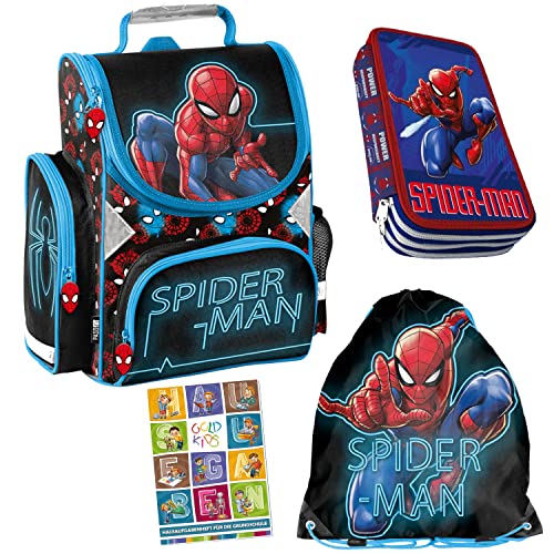 Spiderman Schulranzen ergonomischer Ranzen Federmappe Turnbeutel Aufgabenheft für die Grundschule 4er Set Lizenzartikel Marvel Spiderman Spider-man Comics von Goldkids