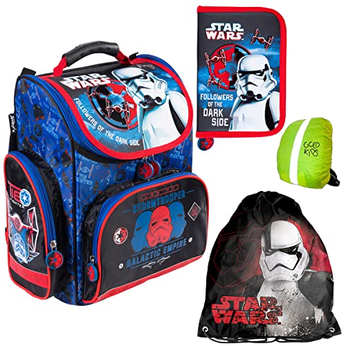 Star Wars Schulranzen Ranzen Tornister Federmappe 1-Fach ohne Inhalt Turnbeutel Gym Bag Regenschutz Schultaschen-Set 4-teilig von Goldkids