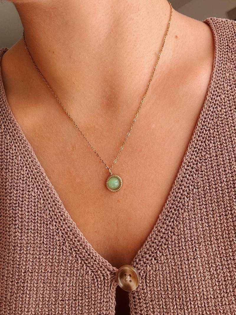 Grüne Aventurin Halskette Edelstein Kette 18K Vergoldet Runder Naturstein Anhänger Gold Edelstahl 45cm Geschenk Für Damen von GoldmaryGems