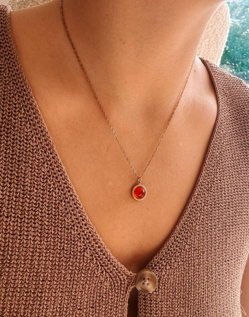 Funkelnde Karneol Halsketten Edelstein Kette 18K Vergoldet Roter Naturstein Anhänger Rund Labradorit Rosenquarz Aventurin von GoldmaryGems