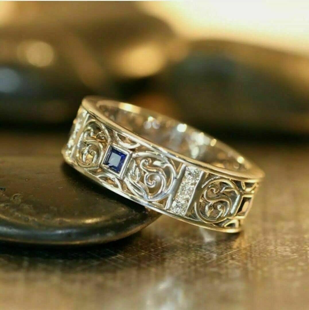 Eternity Ehering, Saphir Ring, Offene Arbeit Verlobungsring, 14K Weißgold 1, 5 Ct Princess Cut Personalisierte Geschenke von Goldminejewel