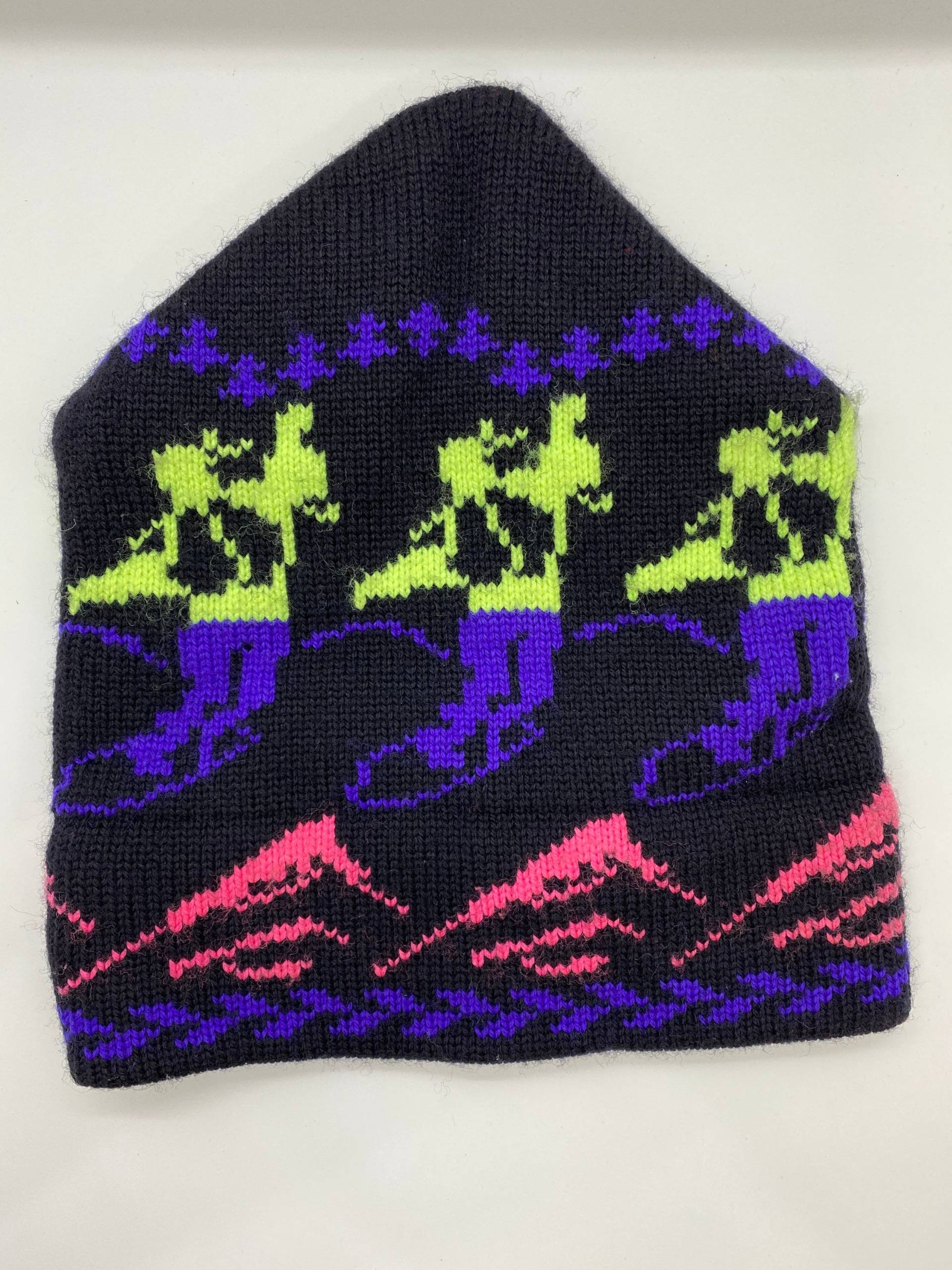 Vintage 80Er 90Er Surf Style Snowboarder Snowboarding Neon Pink Lila Gelb Schwer Strick Wolle Winter Toque Hat von GoldnJunkVintage