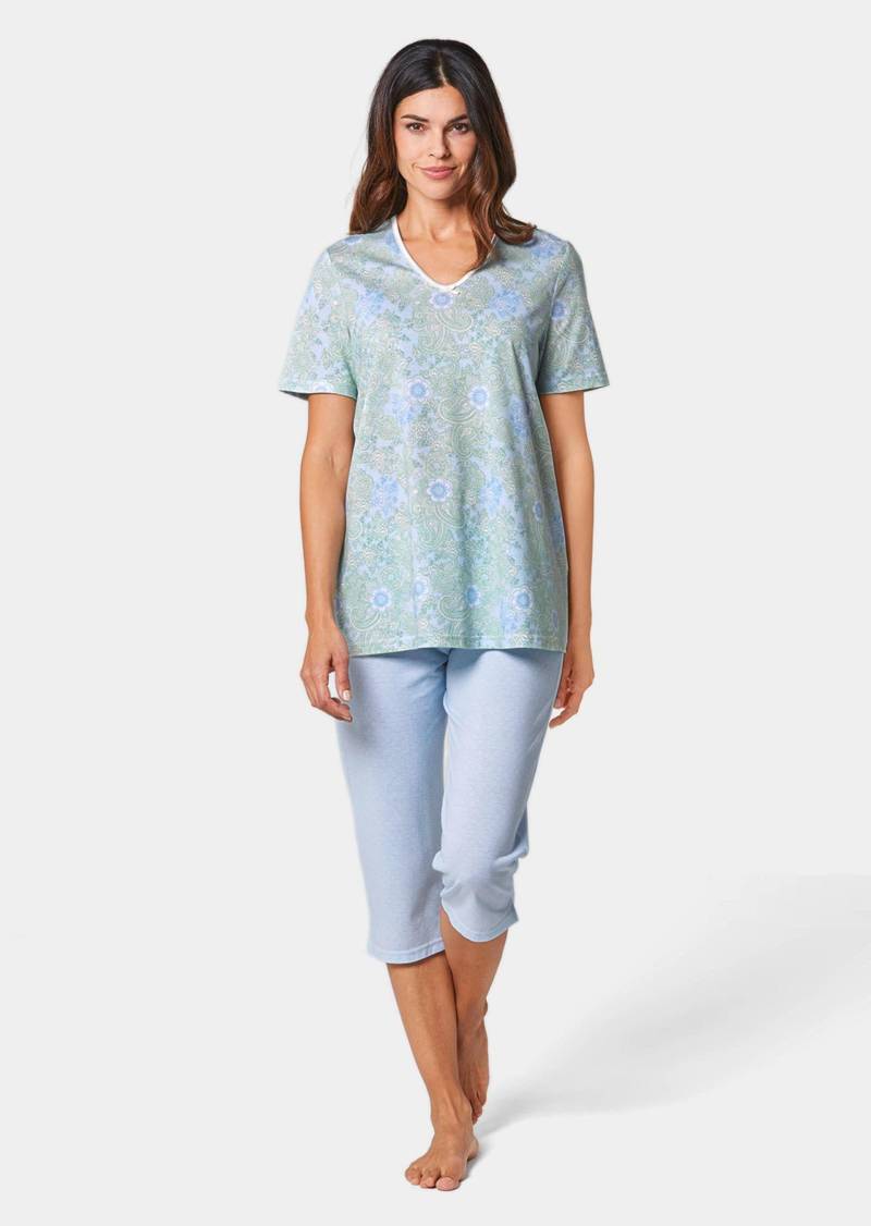 Baumwoll-Pyjama mit Halbarm - hellblau / salbei / weiß / gemustert - Gr. 36/38 von Goldner Fashion von Goldner Fashion