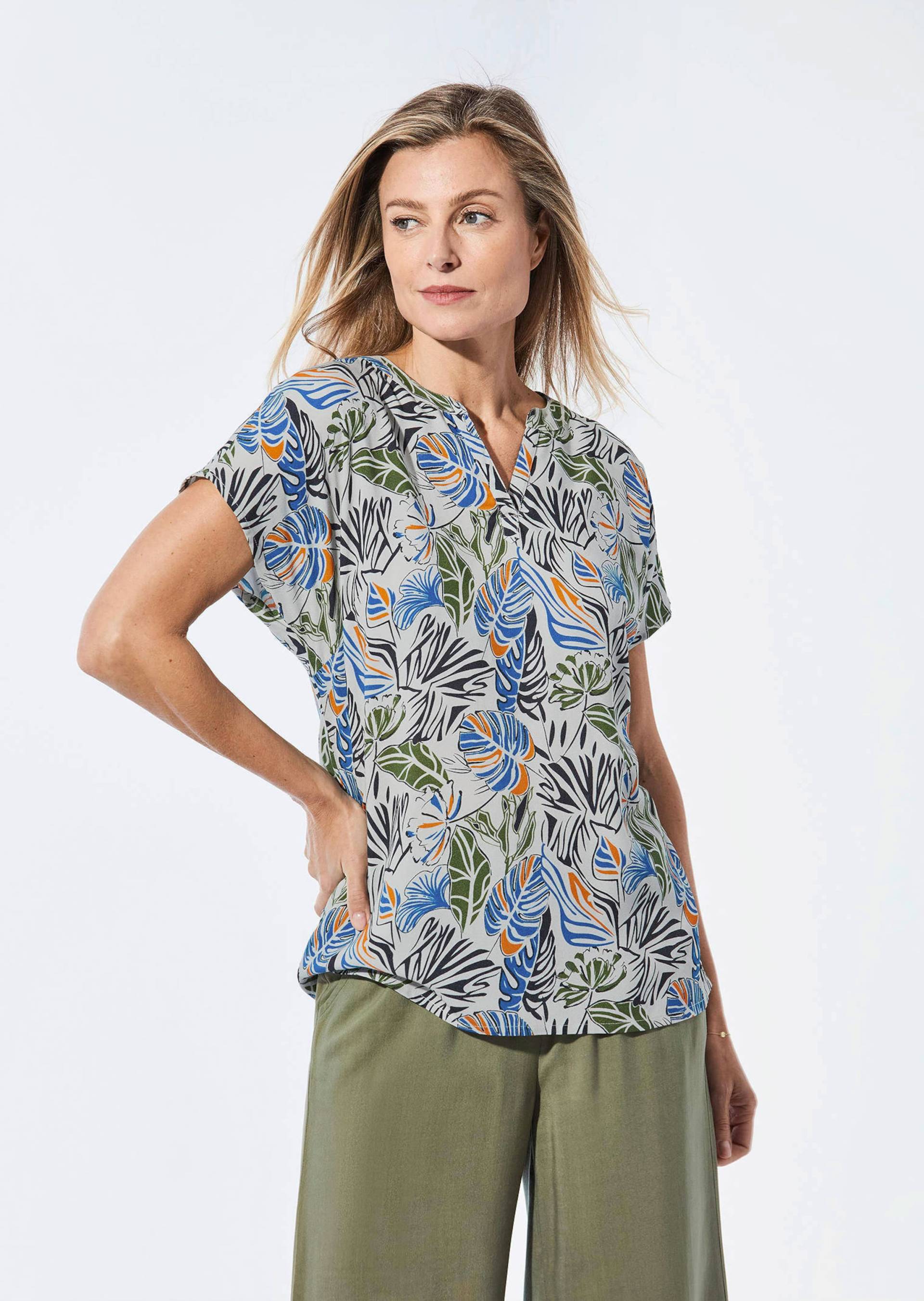 Bluse mit Tunika Ausschnitt - beige / blau / orange / gemustert - Gr. 19 von Goldner Fashion von Goldner Fashion