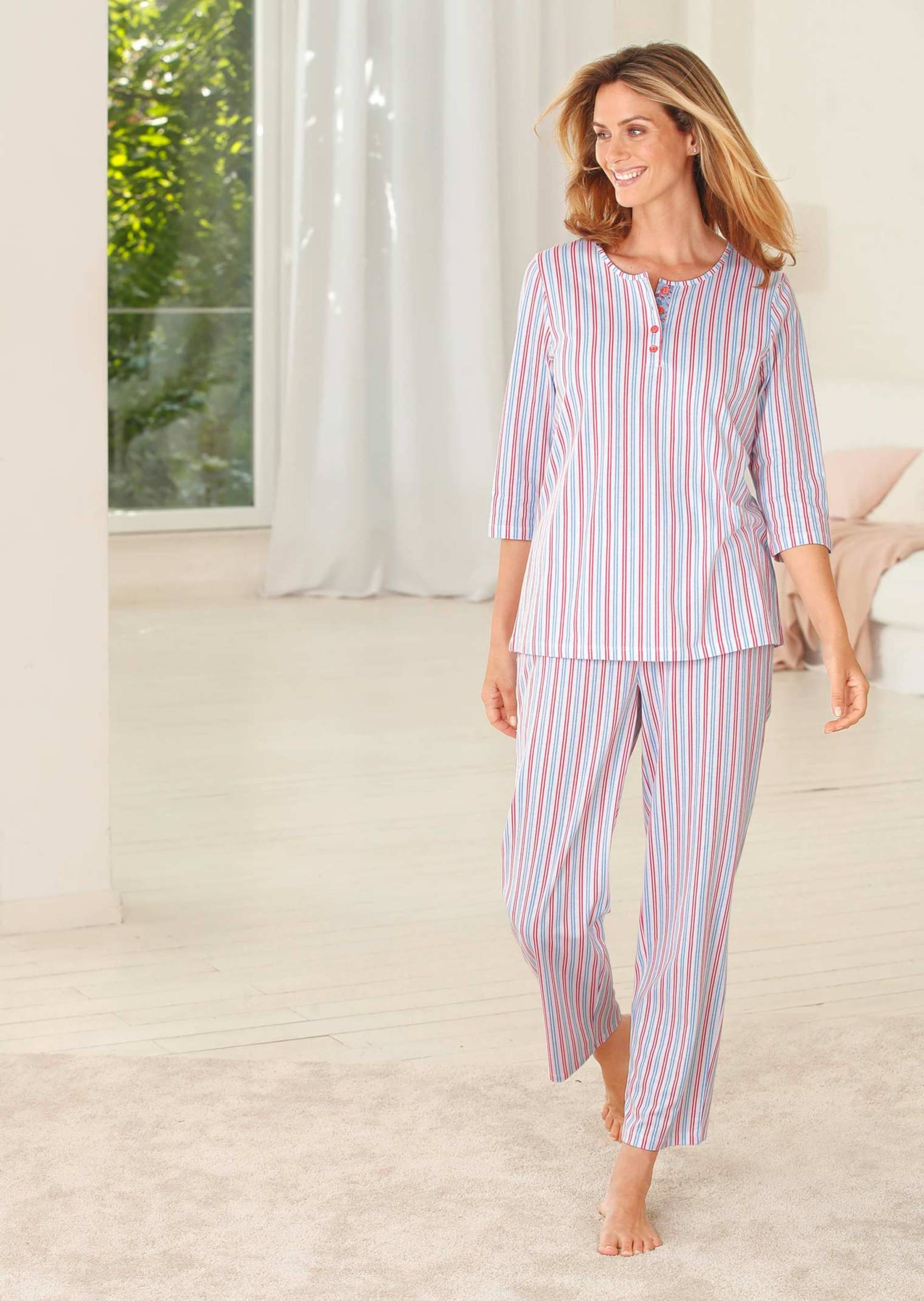 Gestreifte Pyjamahose Mix&Match - weiß / hellblau / koralle / gestreift - Gr. 52/54 von Goldner Fashion von Goldner Fashion