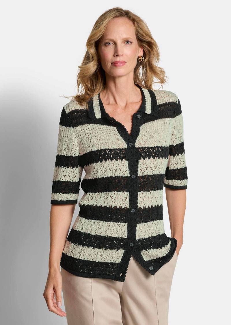 Gestreifte Strickjacke mit Lochmuster - stein / schwarz / gemustert - Gr. 50 von Goldner Fashion von Goldner Fashion