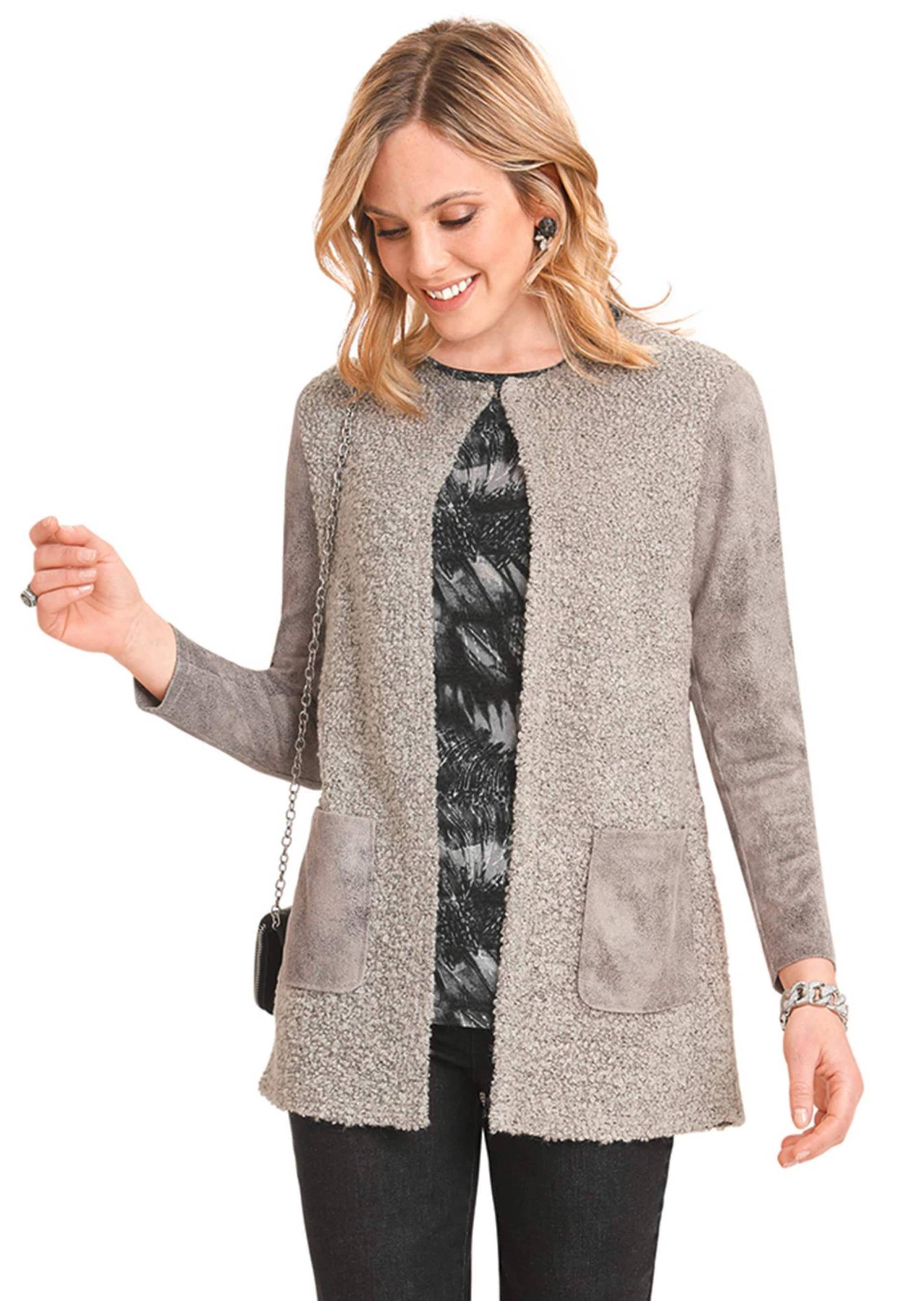 Hochwertiger Cardigan mit aufwendigem Material-Mix - stein - Gr. 22 von Goldner Fashion von Goldner Fashion