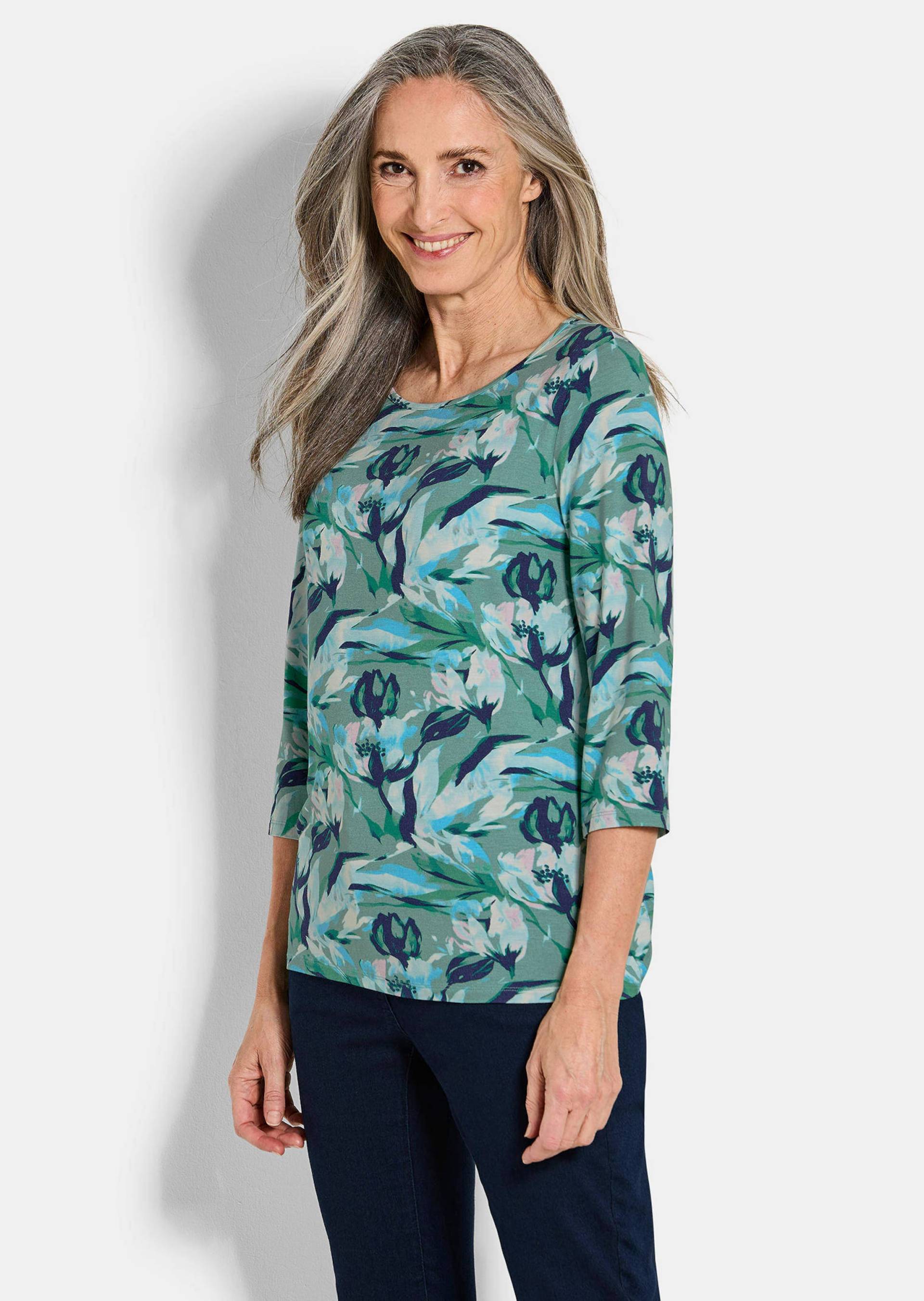 Jersey-Shirt mit Blumenmuster - marine / gemustert - Gr. 48 von Goldner Fashion von Goldner Fashion
