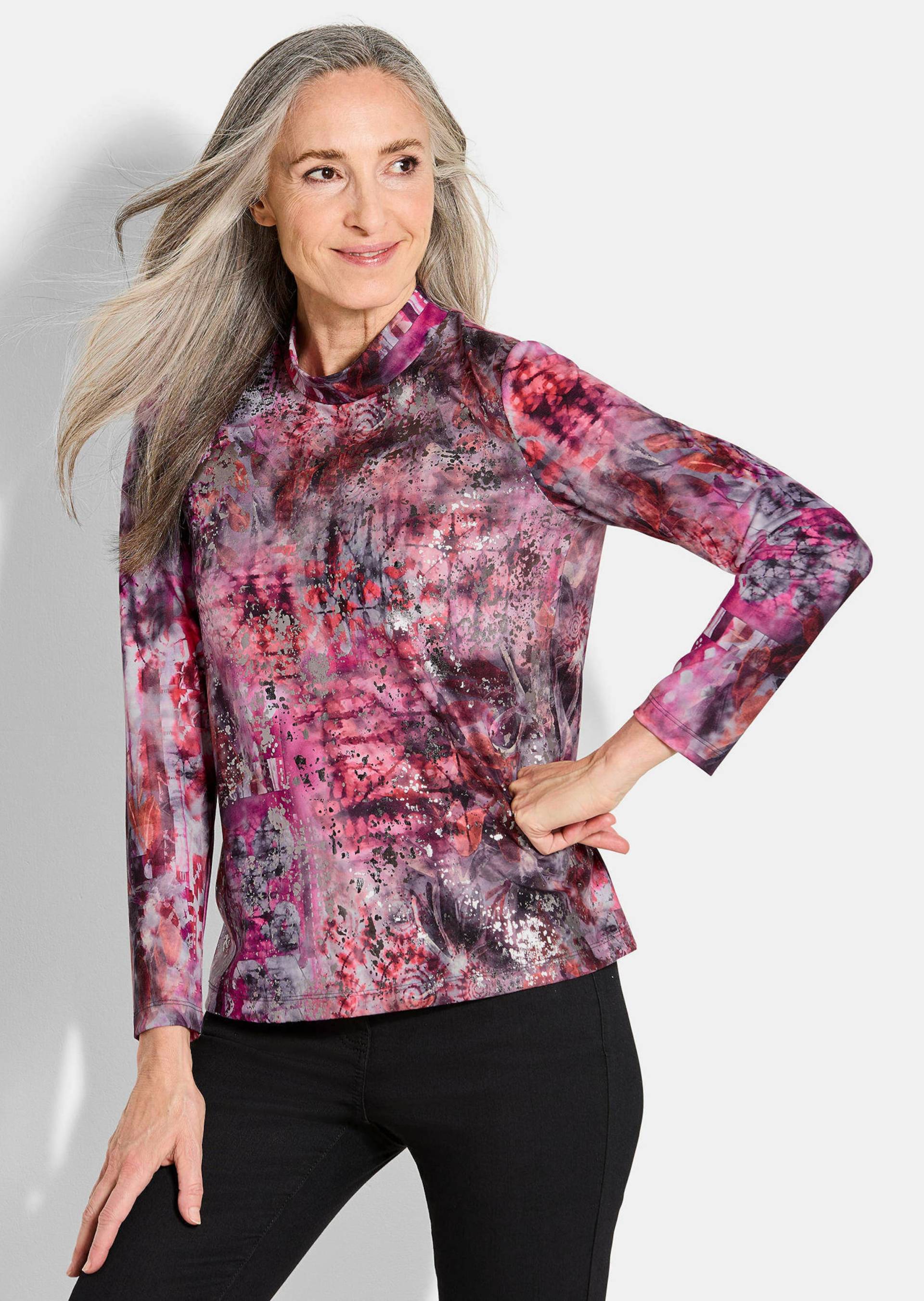 Jersey-Shirt mit Glanzdetails - beere / gemustert - Gr. 42 von Goldner Fashion von Goldner Fashion