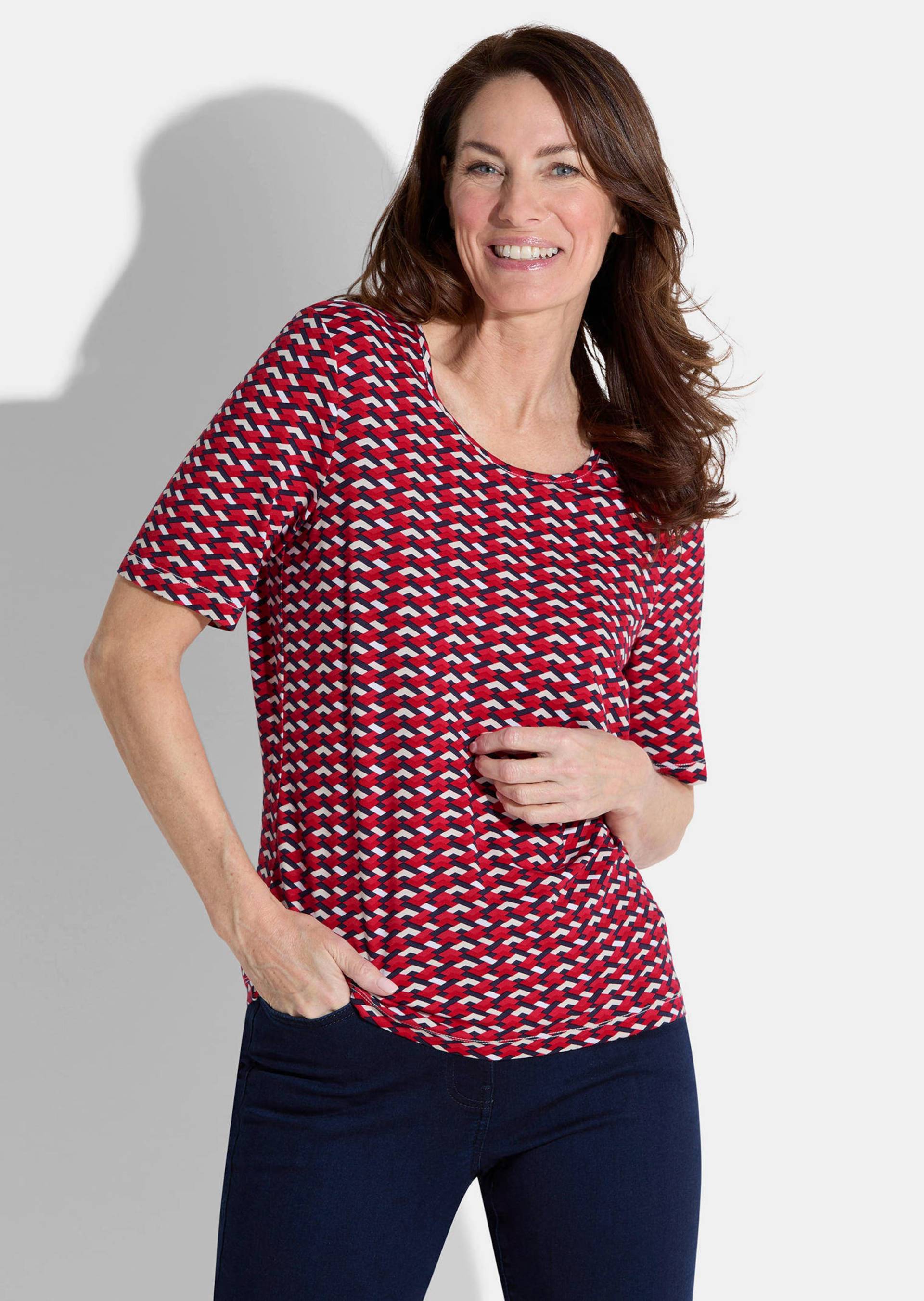 Jersey-Shirt mit grafischem Print - rot / marine / weiß / gemustert - Gr. 22 von Goldner Fashion von Goldner Fashion