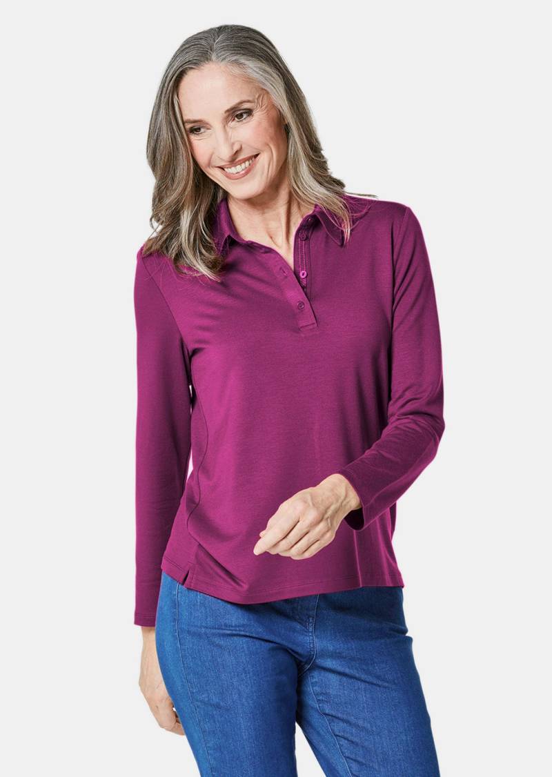 Langarm Poloshirt mit Schmuckband an Knopfleiste - beere - Gr. 48 von Goldner Fashion von Goldner Fashion