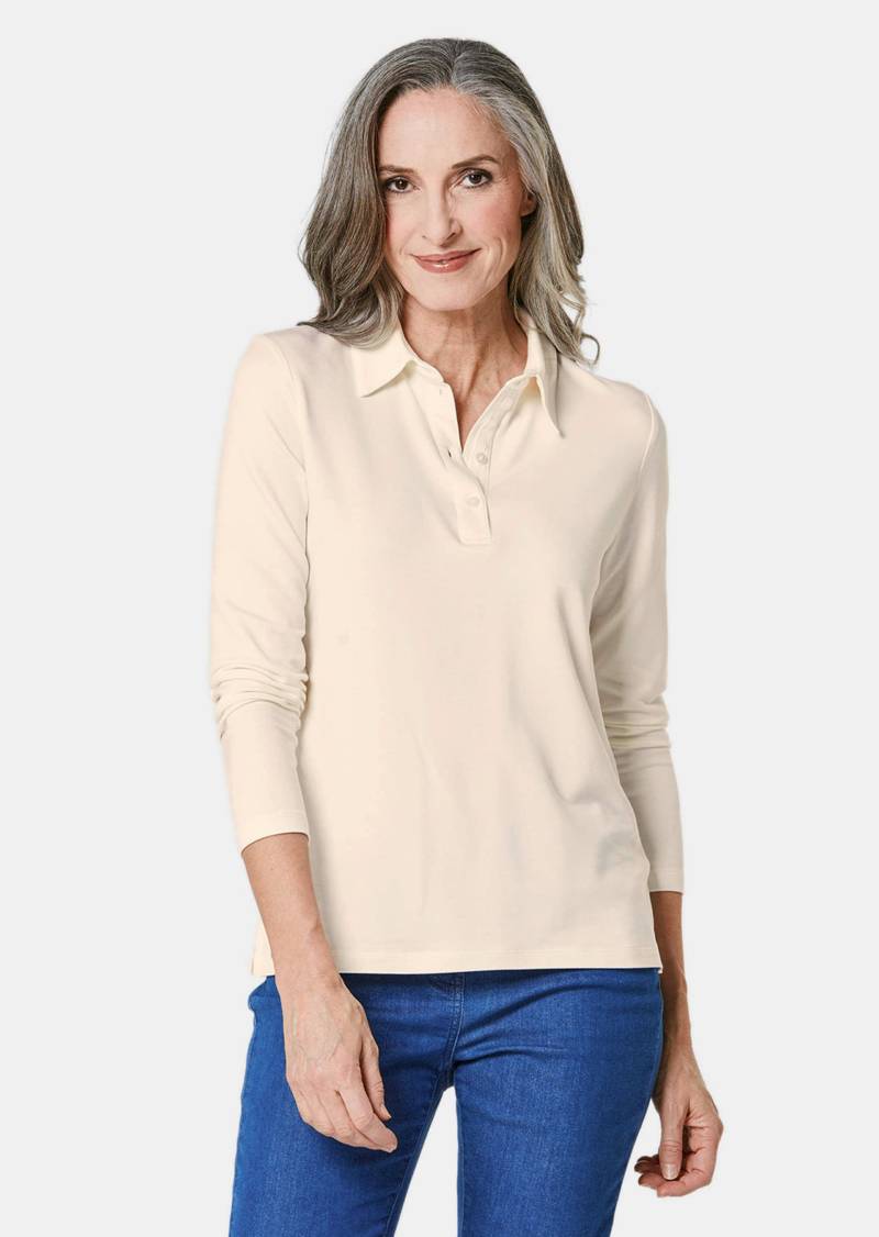 Langarm Poloshirt mit Schmuckband an Knopfleiste - cremeweiß - Gr. 50 von Goldner Fashion von Goldner Fashion