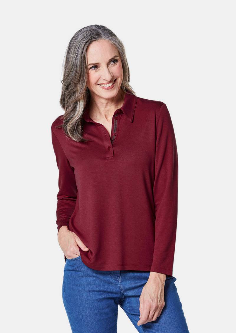 Langarm Poloshirt mit Schmuckband an Knopfleiste - dunkelrot - Gr. 52 von Goldner Fashion von Goldner Fashion