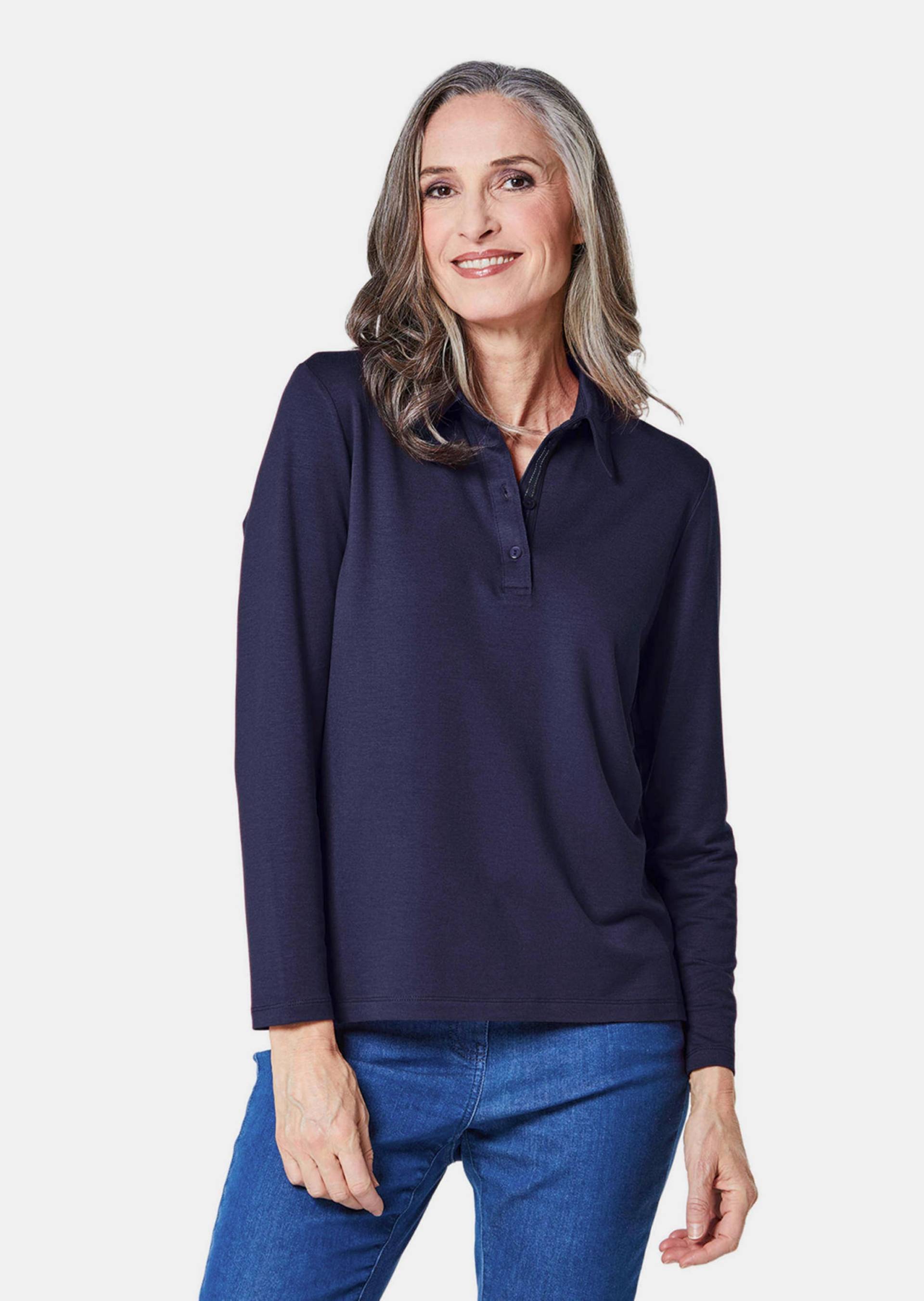Langarm Poloshirt mit Schmuckband an Knopfleiste - marine - Gr. 23 von Goldner Fashion von Goldner Fashion
