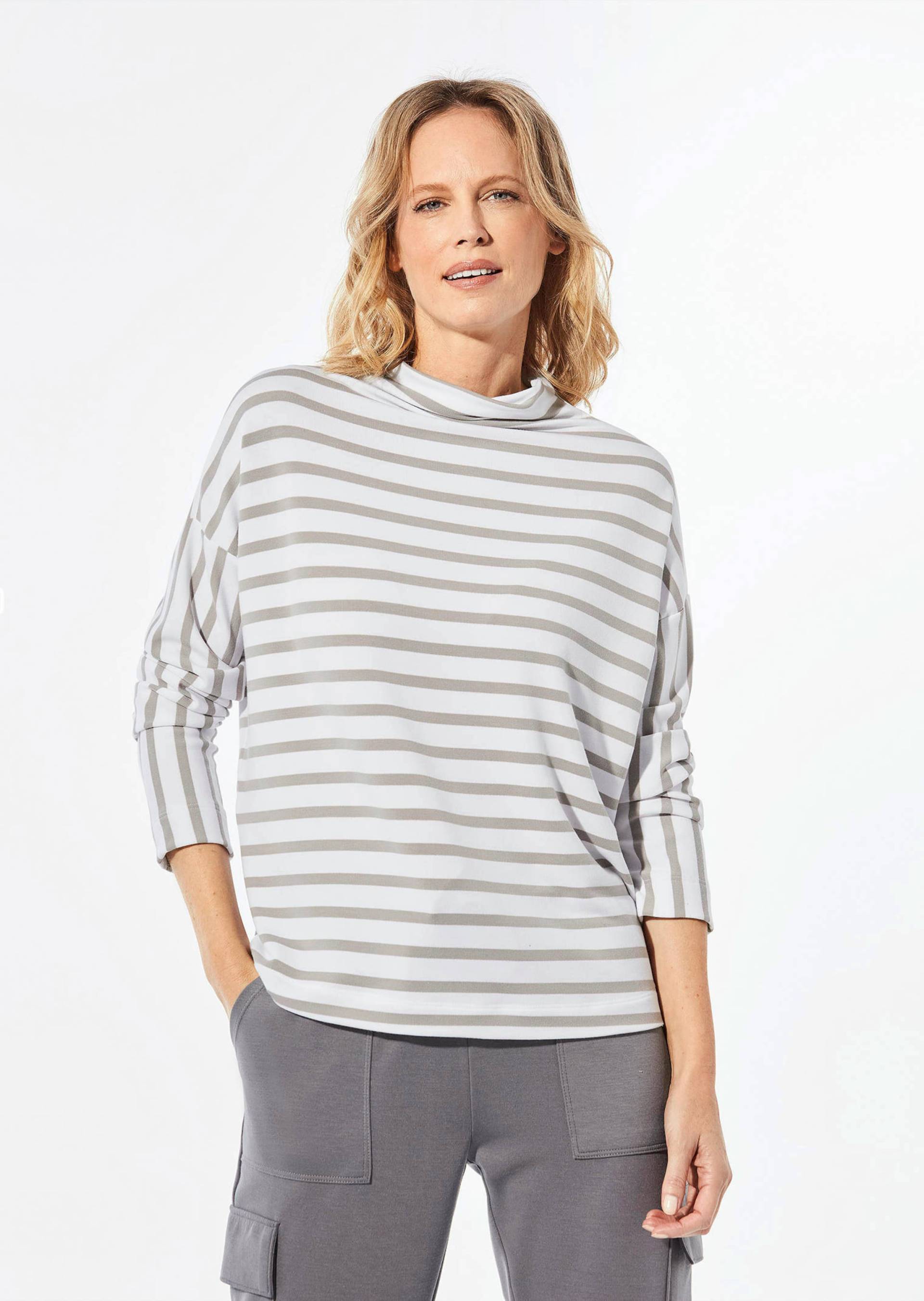 Legeres Ringelshirt mit Turtleneck-Kragen - weiß / grau / gestreift - Gr. M von Goldner Fashion von Goldner Fashion