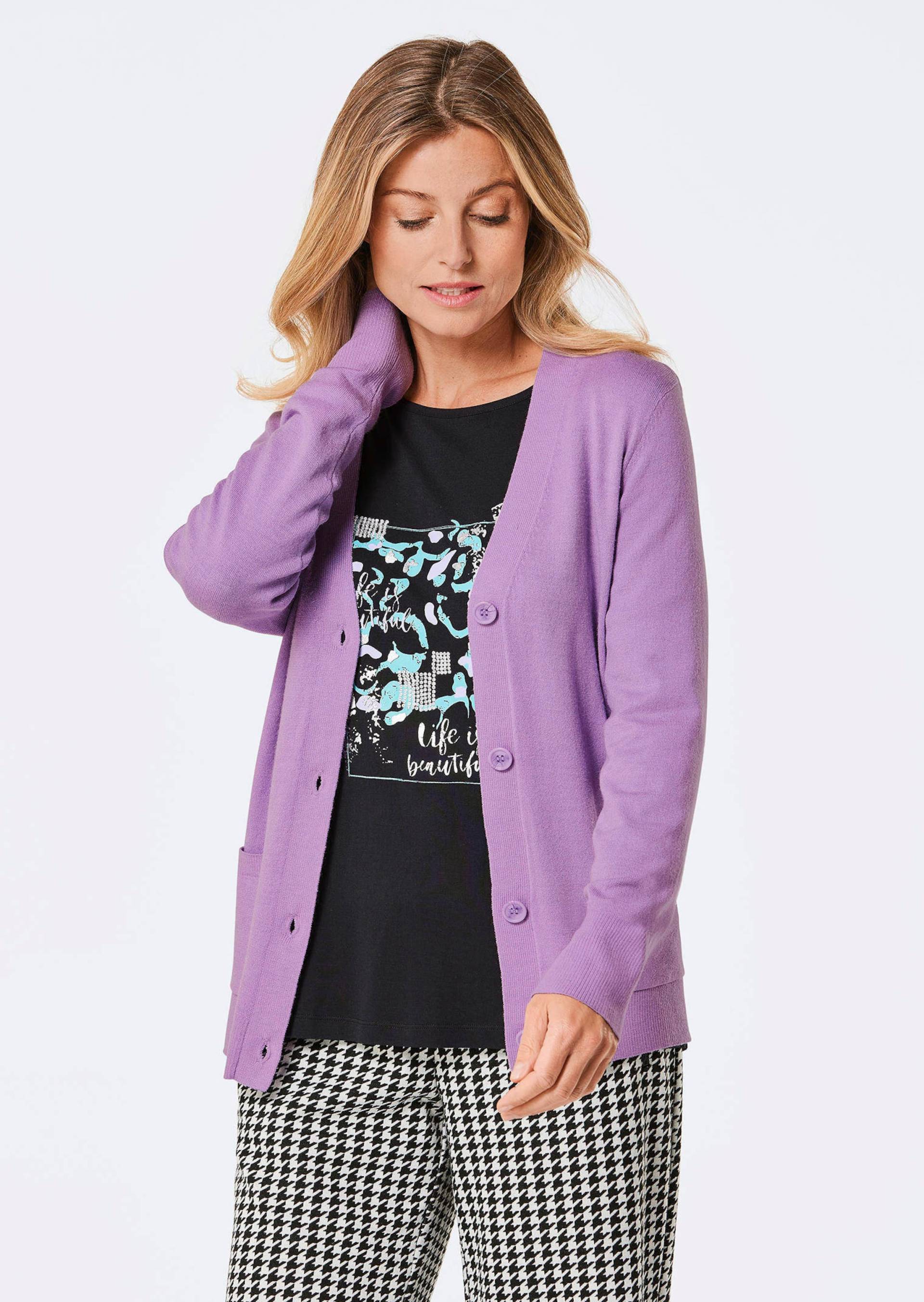 Longstrickjacke mit aufgesetzten Taschen - flieder - Gr. 38 von Goldner Fashion von Goldner Fashion