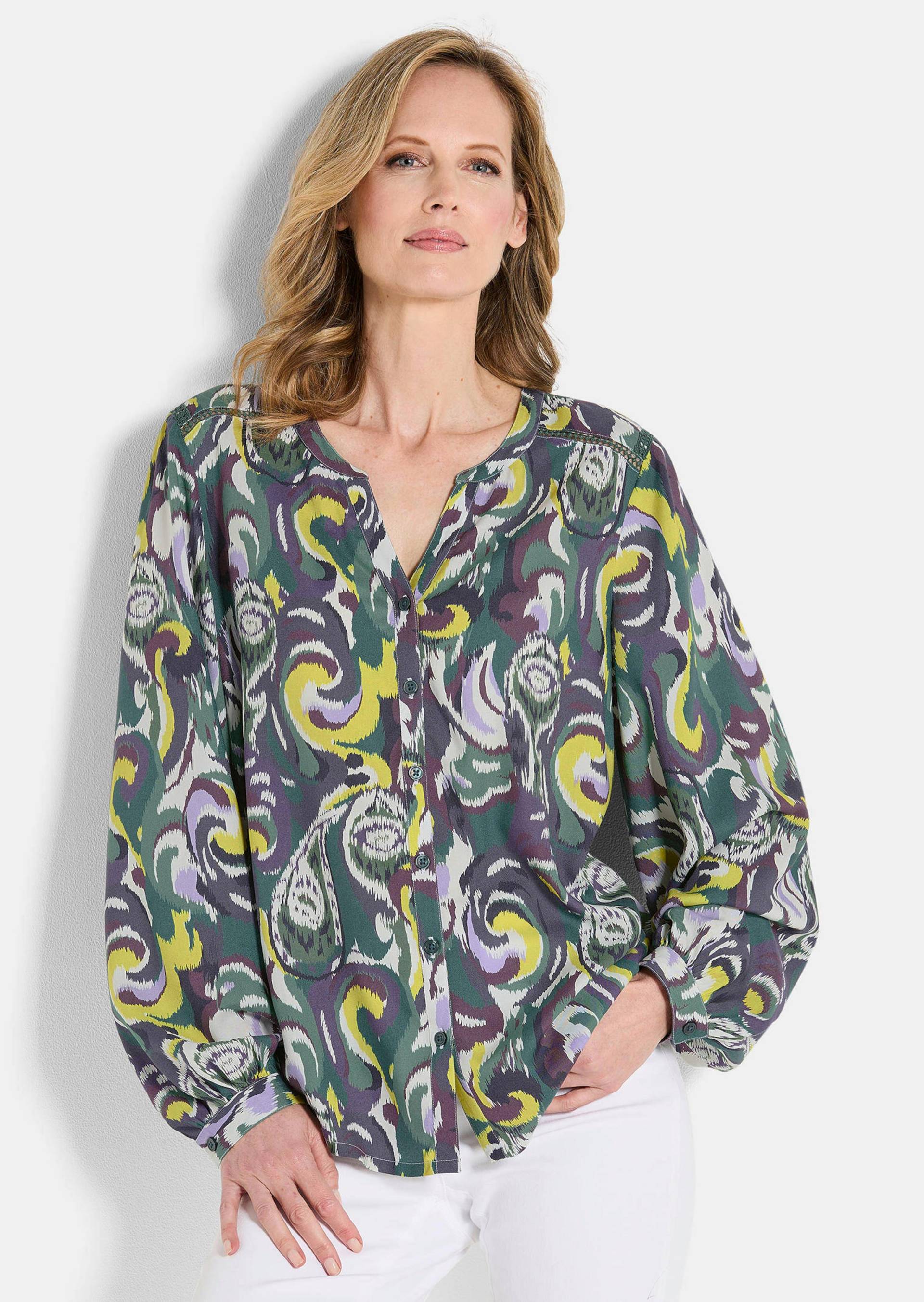 Luftige Bluse mit weiten Ärmeln - grün / gemustert - Gr. 40 von Goldner Fashion von Goldner Fashion