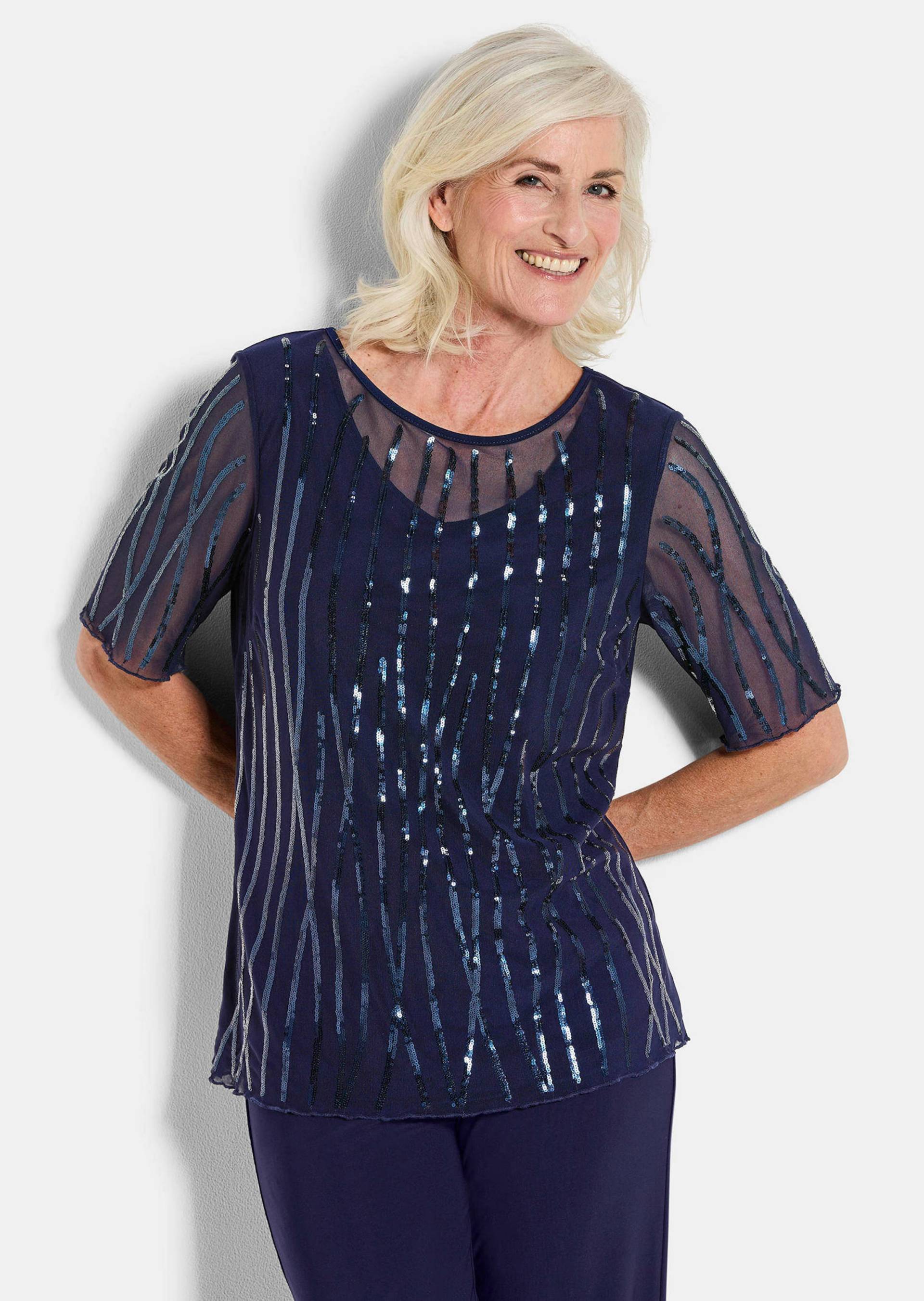 Mit funkelnden Pailletten besetztes Mesh-Shirt - marine / bestickt - Gr. 42 von Goldner Fashion von Goldner Fashion