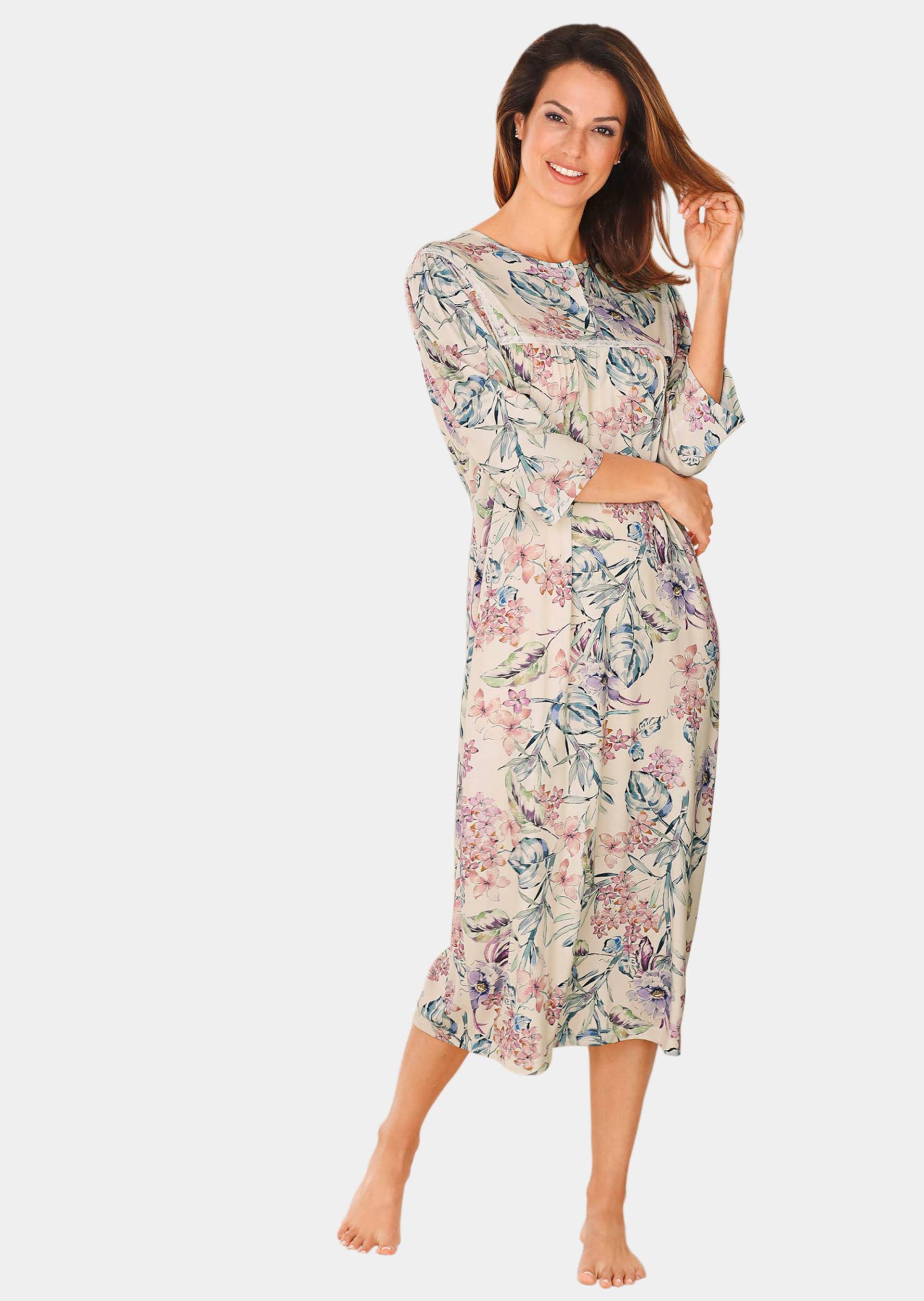 Nachthemd mit 3/4-Arm, Knopfleiste und floralem Dessin - cremeweiß / rosé - Gr. 22/23 von Goldner Fashion von Goldner Fashion