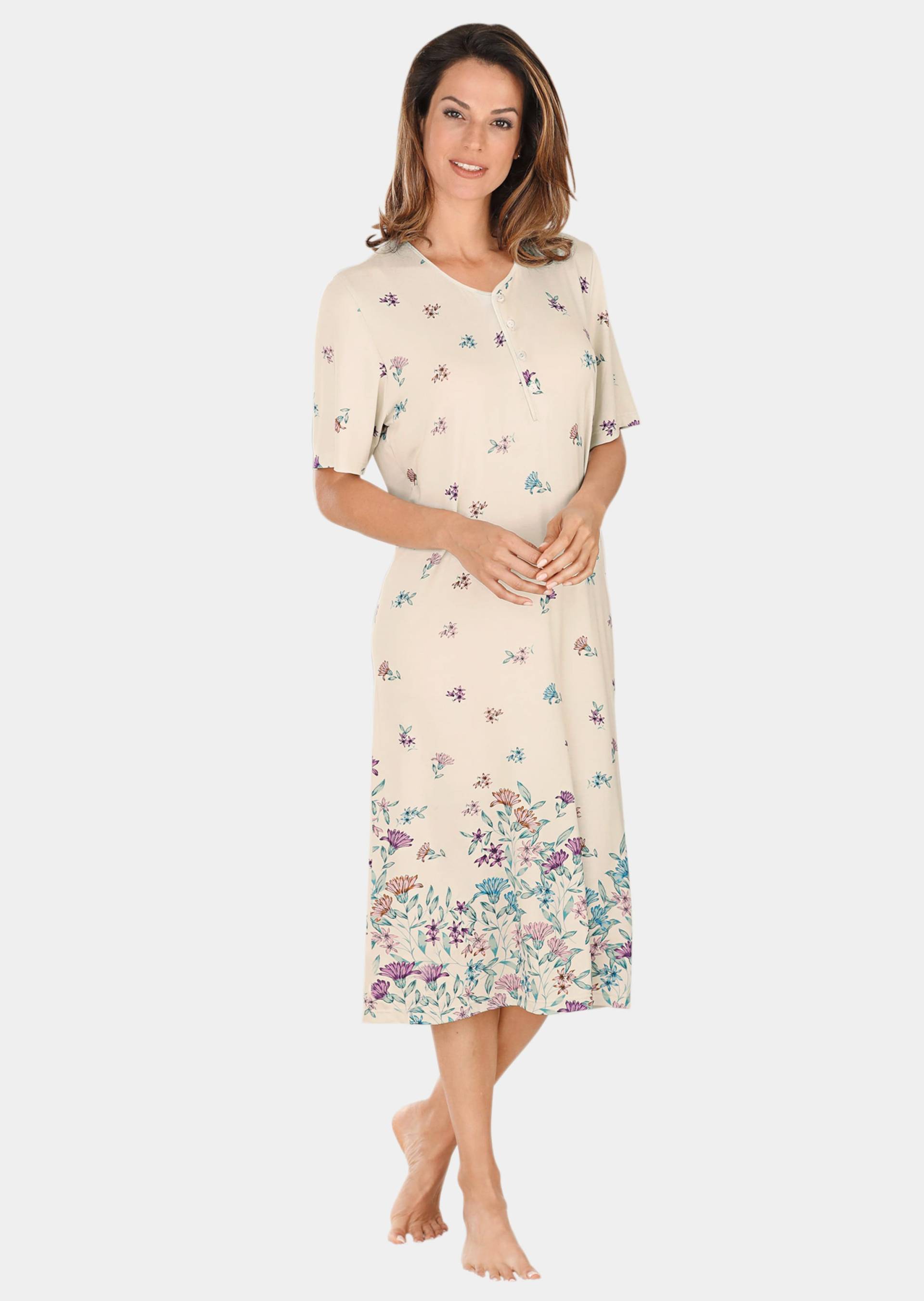 Nachthemd mit Halbarm und Knopfleiste - cremeweiß / türkis / rosé / gemustert - Gr. 36/38 von Goldner Fashion von Goldner Fashion