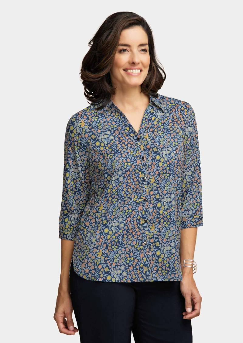 Pflegeleichte Bluse mit 3/4-Arm - hellblau / pfirsich / gemustert - Gr. 52 von Goldner Fashion von Goldner Fashion