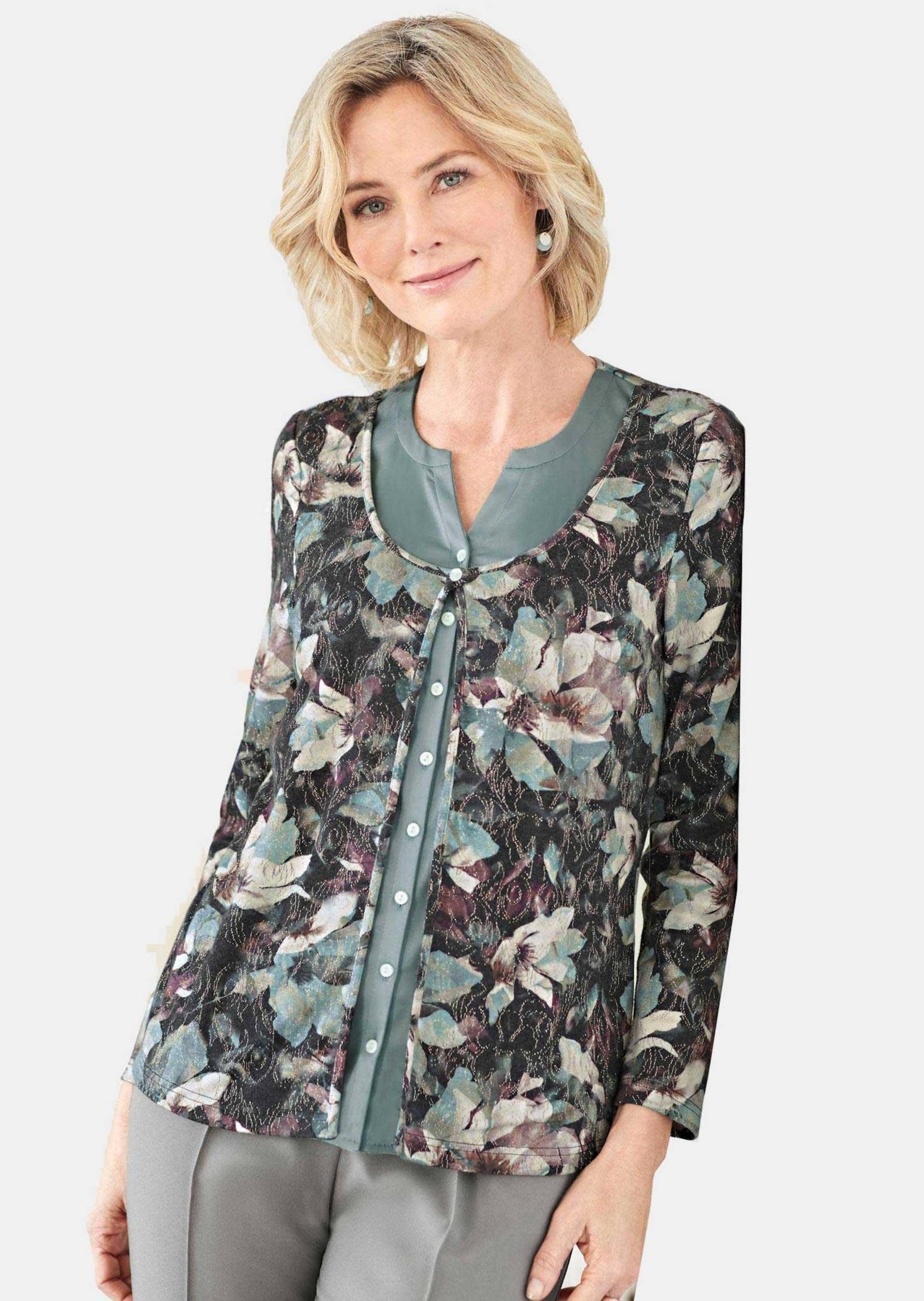 Pflegeleichtes Shirt in Setoptik - salbei / gemustert - Gr. 38 von Goldner Fashion von Goldner Fashion