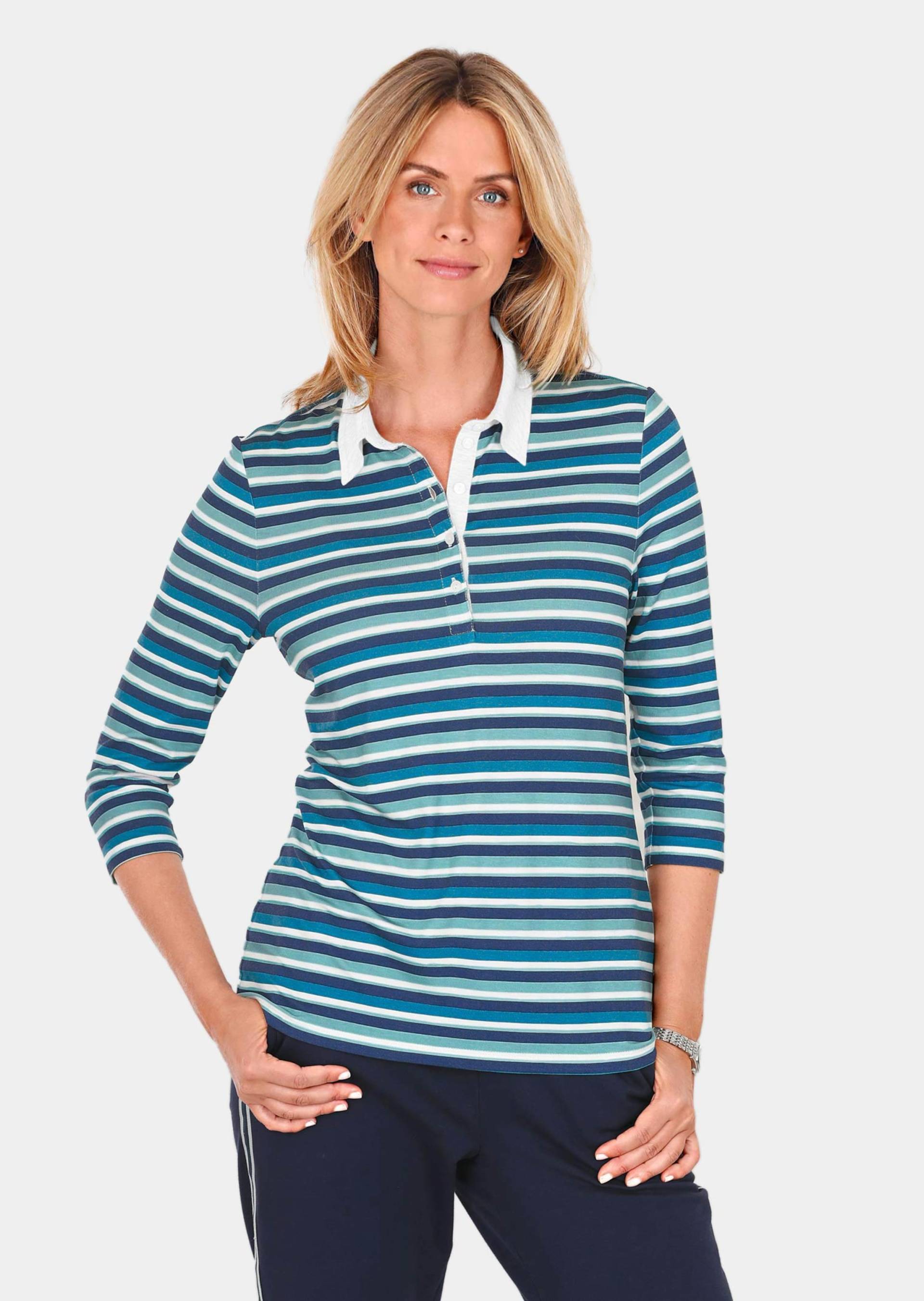 Poloshirt mit 3/4-Arm - marine / petrol / mint / geringelt - Gr. 25 von Goldner Fashion von Goldner Fashion