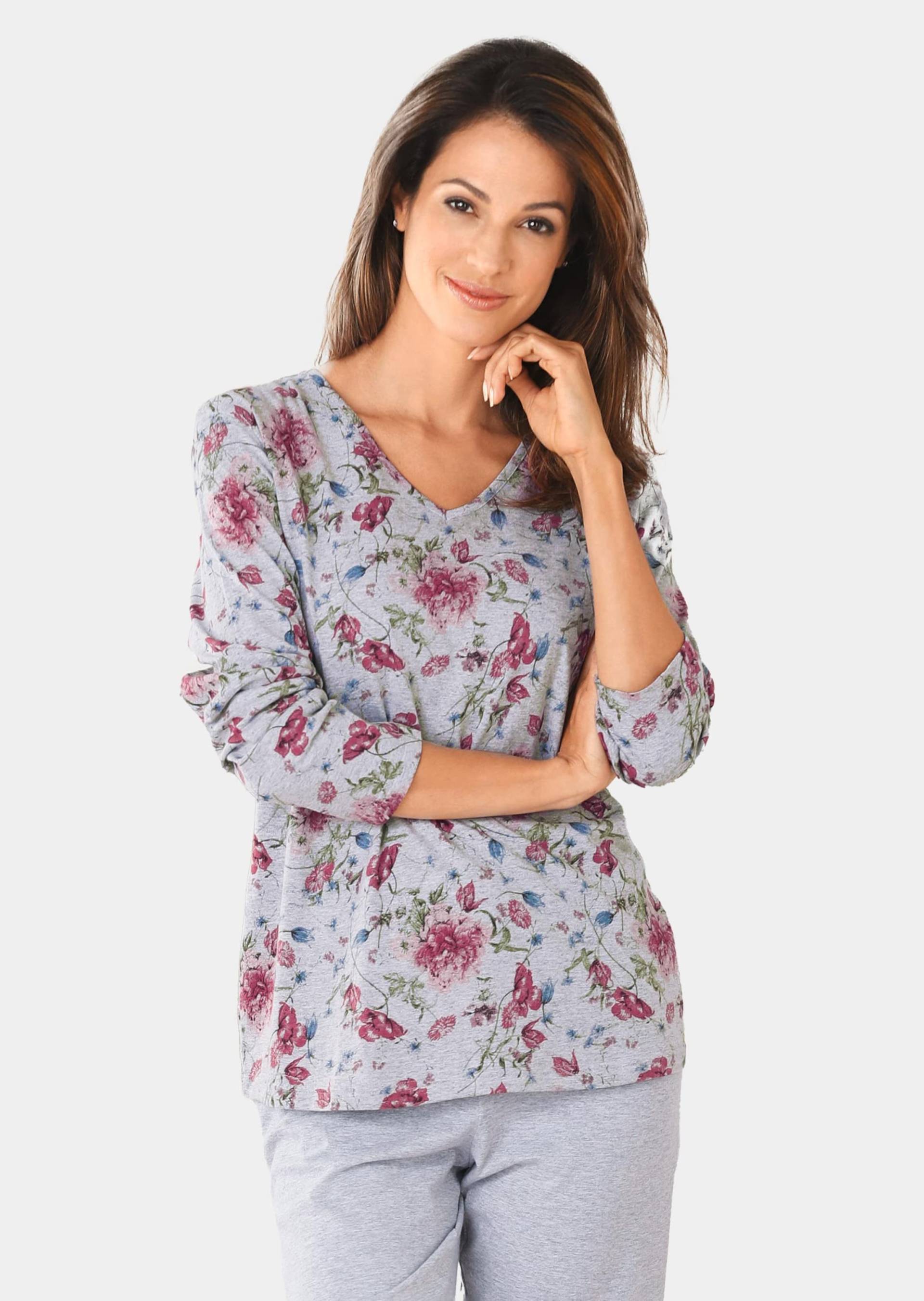 Pyjama mit Langarm und V-Ausschnitt - rosé / grau / gemustert - Gr. 52/54 von Goldner Fashion von Goldner Fashion