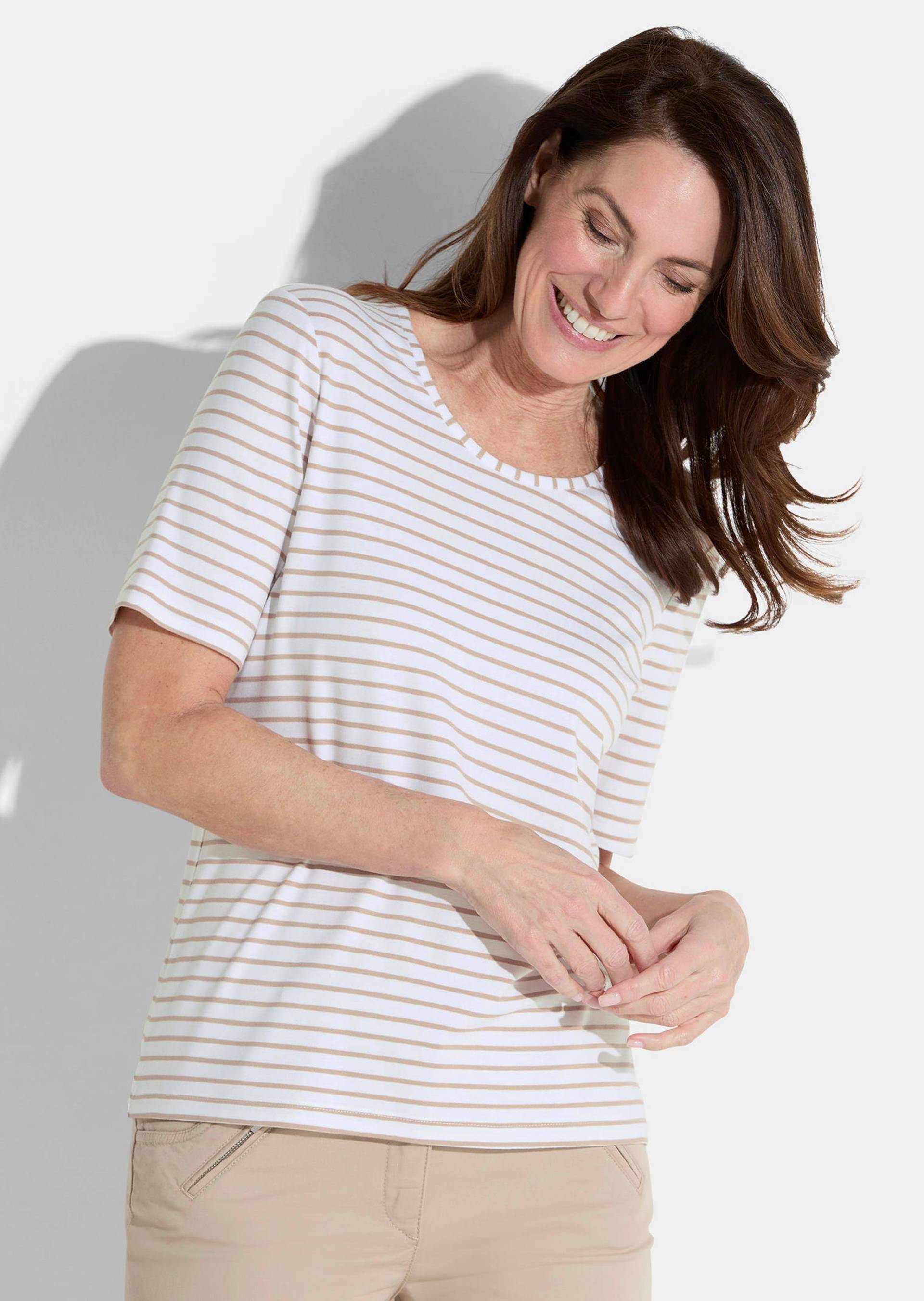 Ringel-Shirt aus Viskose-Jersey - cremeweiß / taupe / geringelt - Gr. 20 von Goldner Fashion von Goldner Fashion