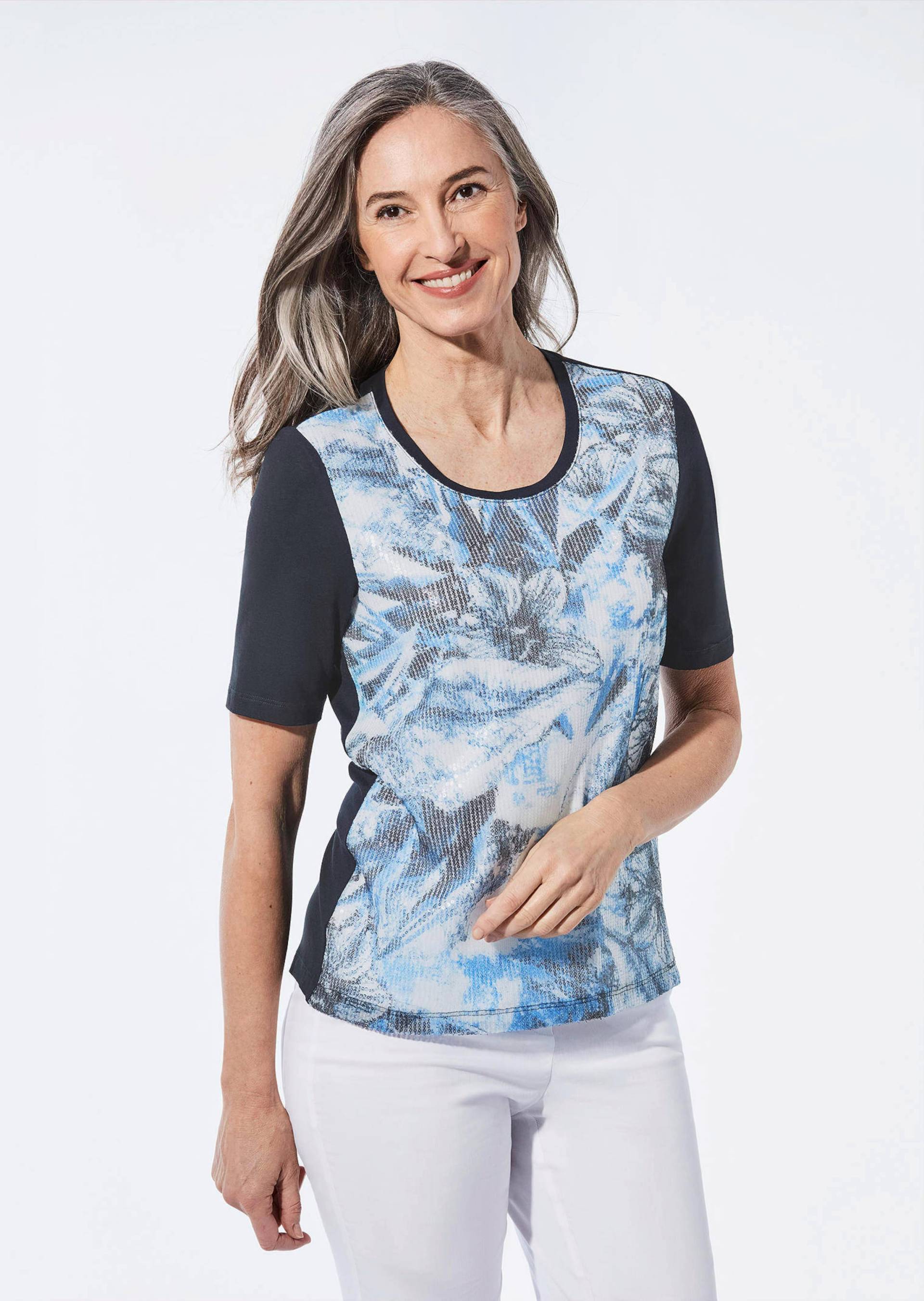 Shirt mit Pailletten - marine / gemustert - Gr. 50 von Goldner Fashion von Goldner Fashion
